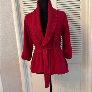 Red Shawl Collar Tie-Waist Cardigan